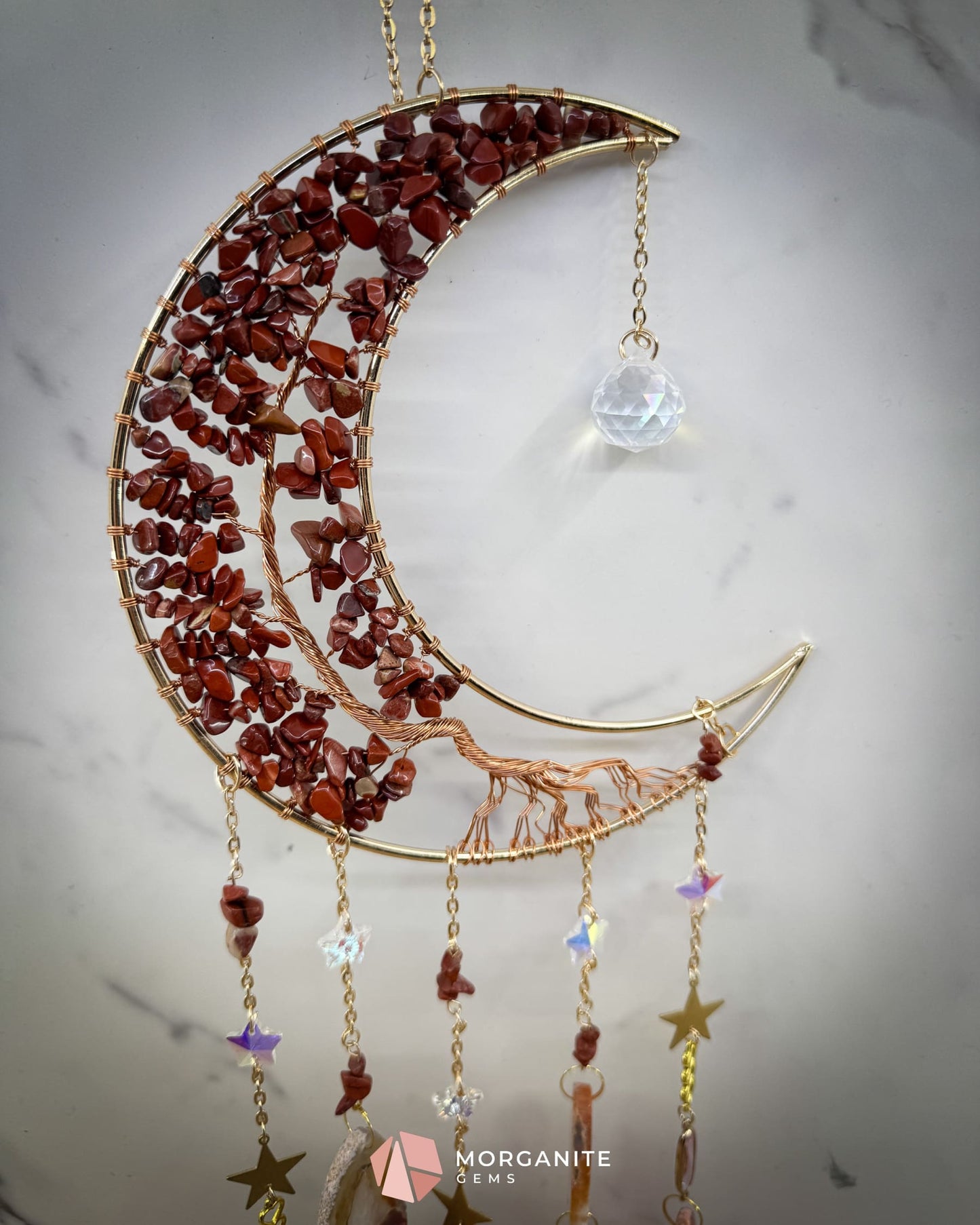 Medium Crescent Moon Dreamcatcher with Red Agate Copper Wire & Crystal Strands Home & Living
