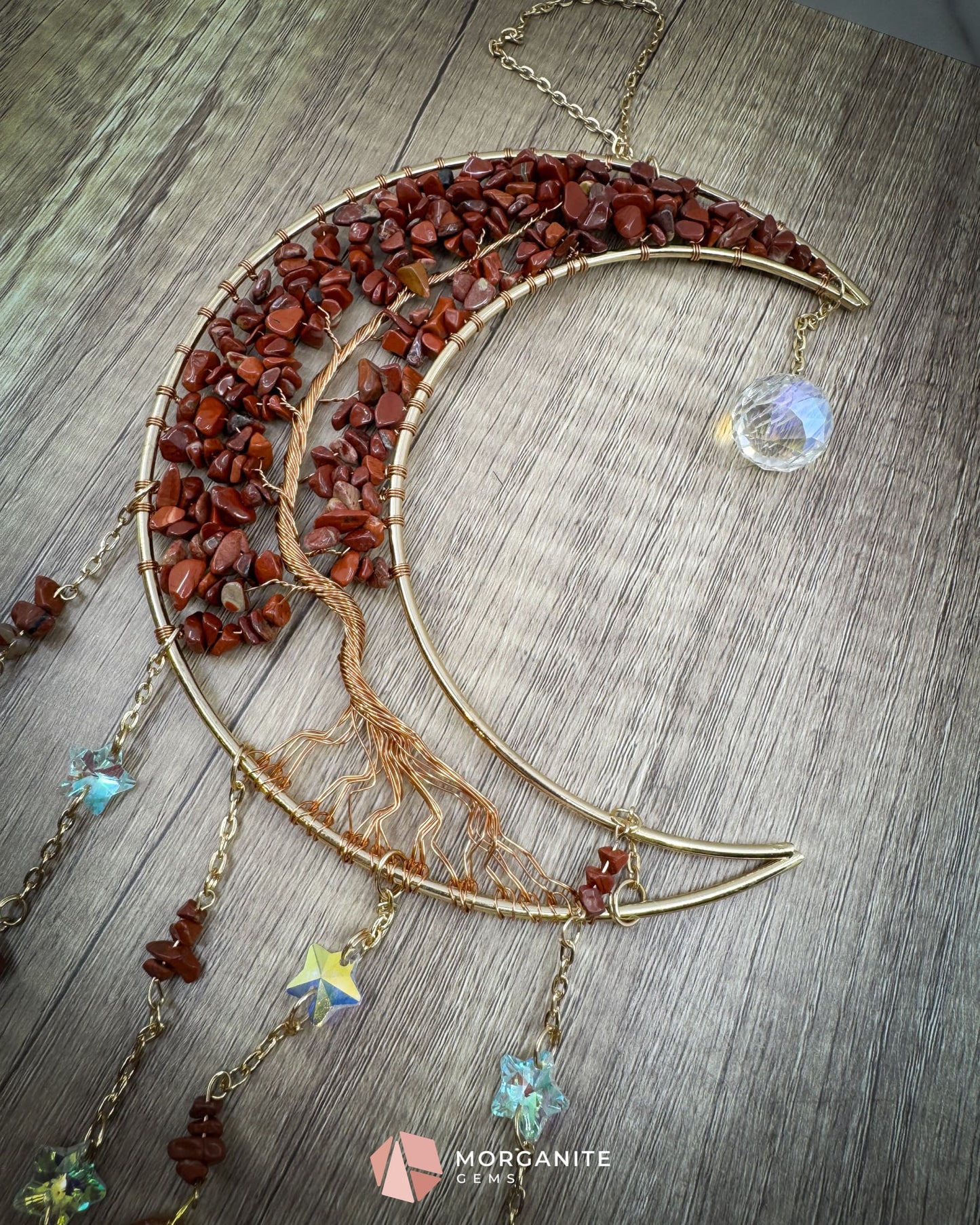 Medium Crescent Moon Dreamcatcher with Red Agate Copper Wire & Crystal Strands Home & Living