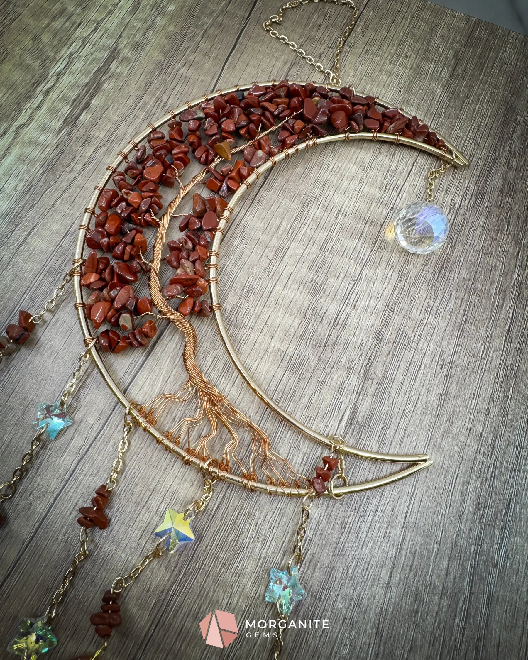 Medium Crescent Moon Dreamcatcher with Red Agate Copper Wire & Crystal Strands Home & Living