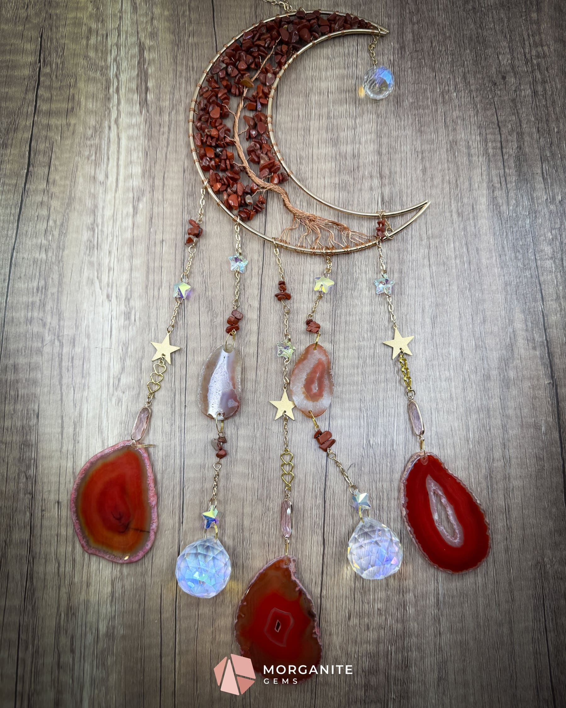 Medium Crescent Moon Dreamcatcher with Red Agate Copper Wire & Crystal Strands Home & Living