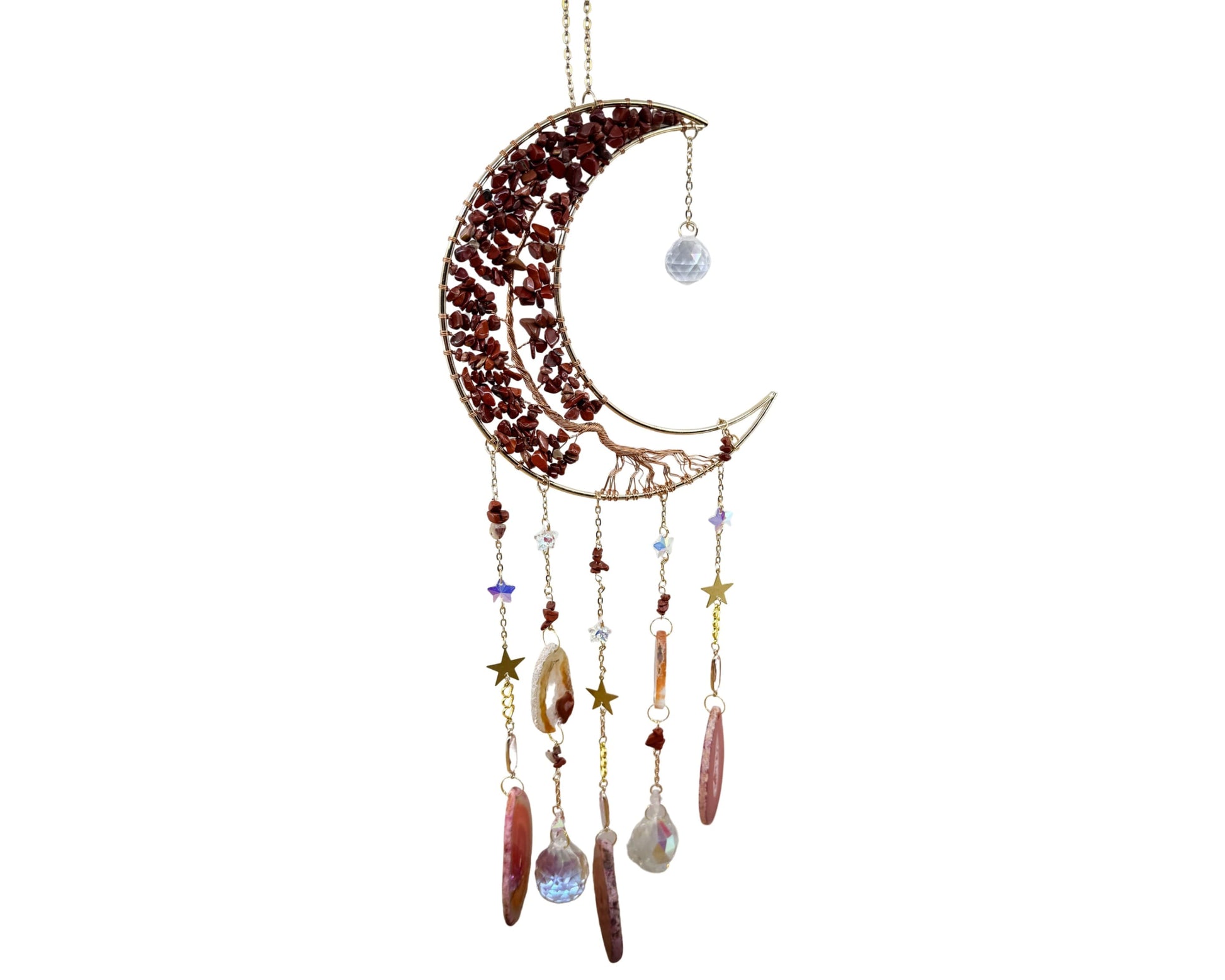 Medium Crescent Moon Dreamcatcher with Red Agate Copper Wire & Crystal Strands Home & Living