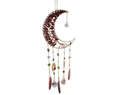 Medium Crescent Moon Dreamcatcher with Red Agate Copper Wire & Crystal Strands Home & Living