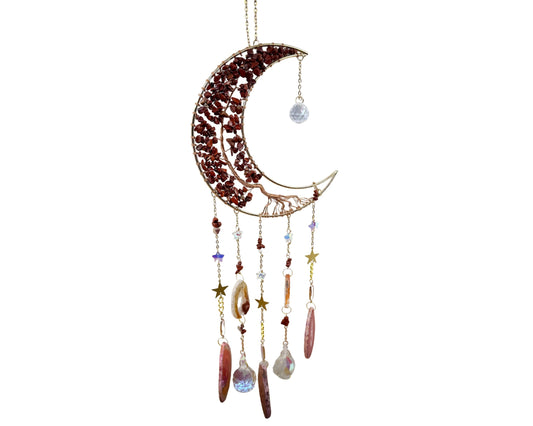 Medium Crescent Moon Dreamcatcher with Red Agate Copper Wire & Crystal Strands Home & Living