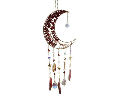 Medium Crescent Moon Dreamcatcher with Red Agate Copper Wire & Crystal Strands Home & Living