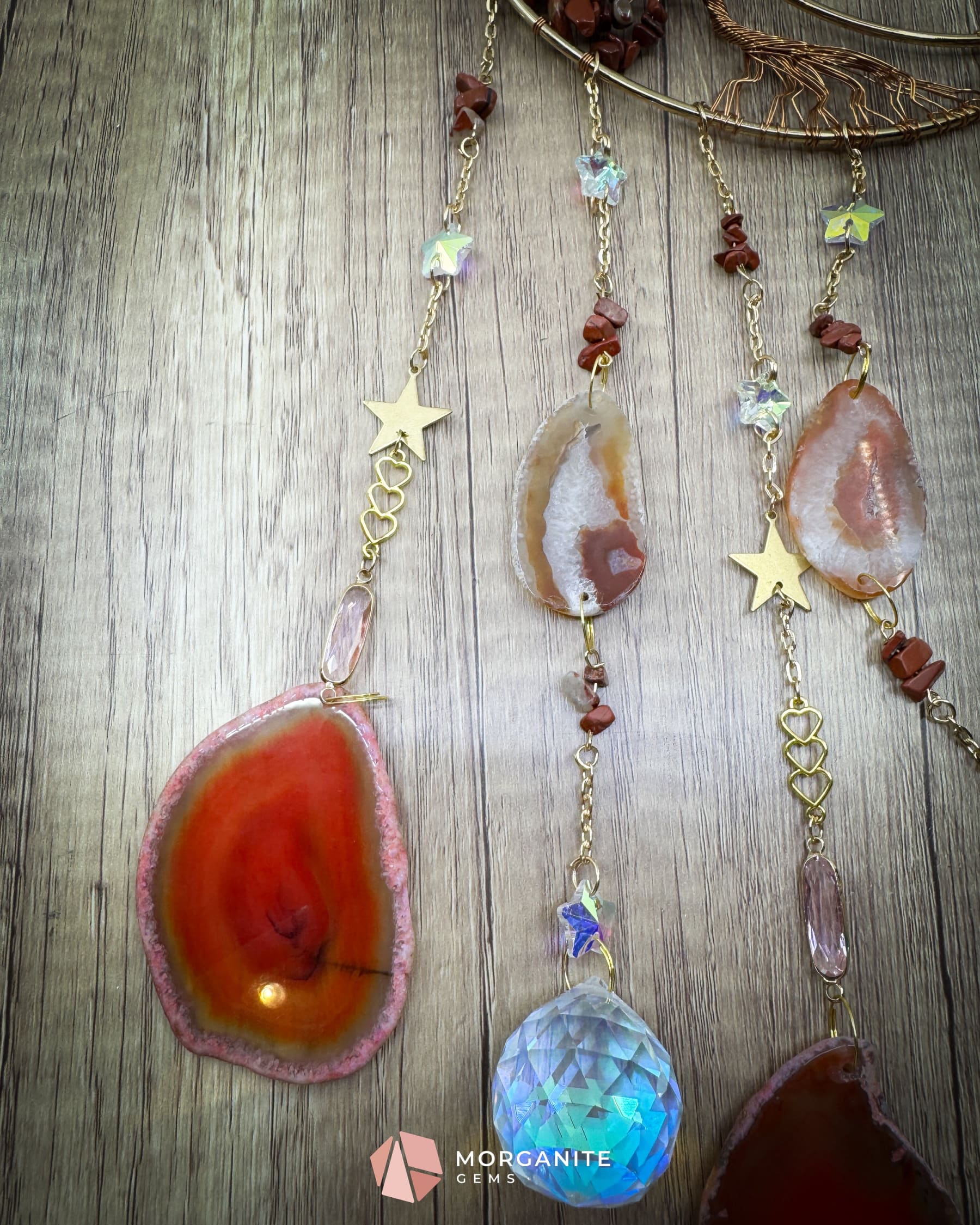 Medium Crescent Moon Dreamcatcher with Red Agate Copper Wire & Crystal Strands Home & Living