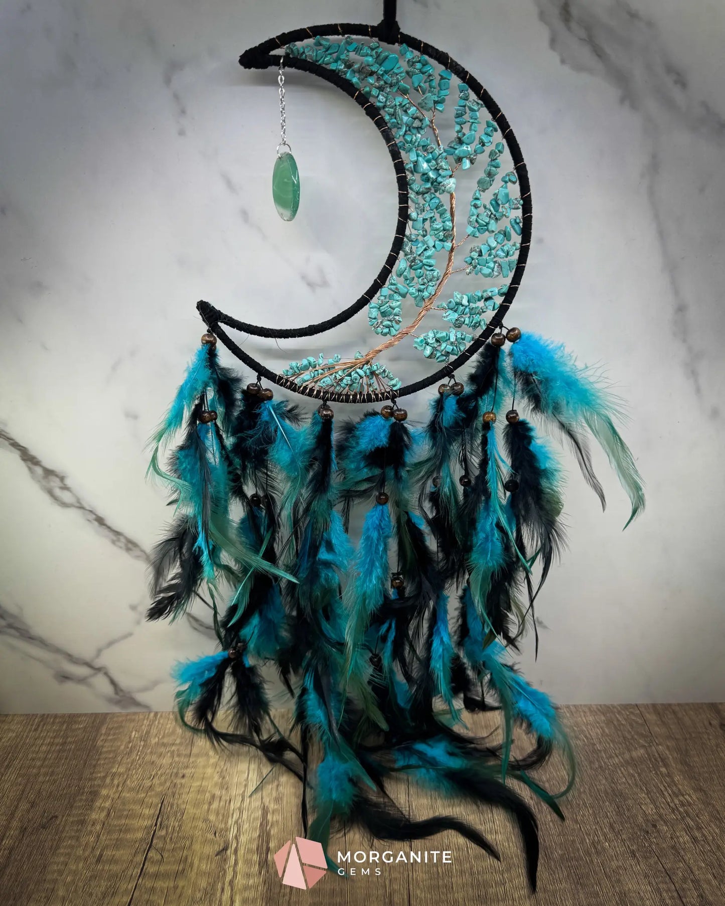 Medium Crescent Moon Dreamcatcher with Turquoise Stones & Black Feathers Home & Living