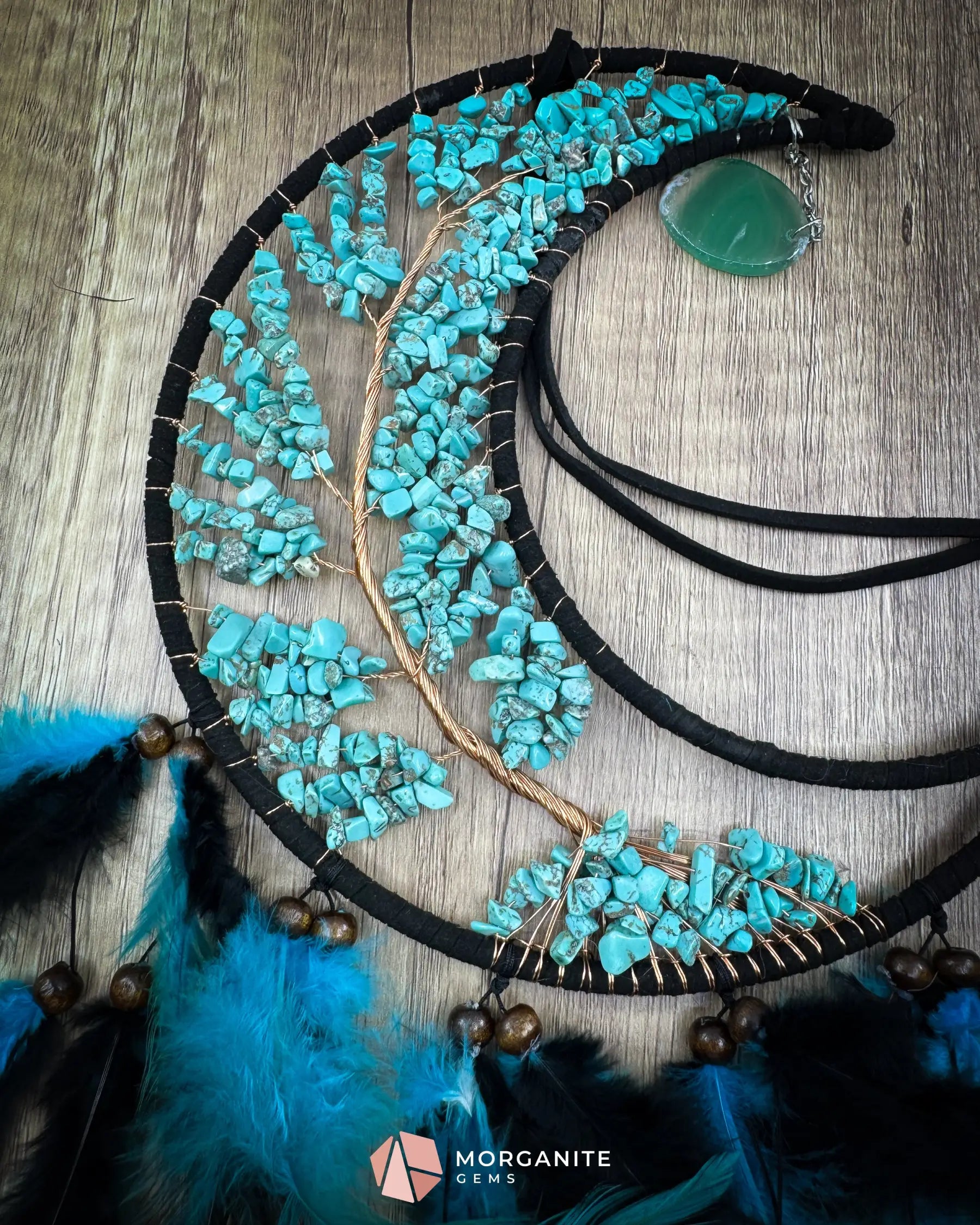 Medium Crescent Moon Dreamcatcher with Turquoise Stones & Black Feathers Home & Living