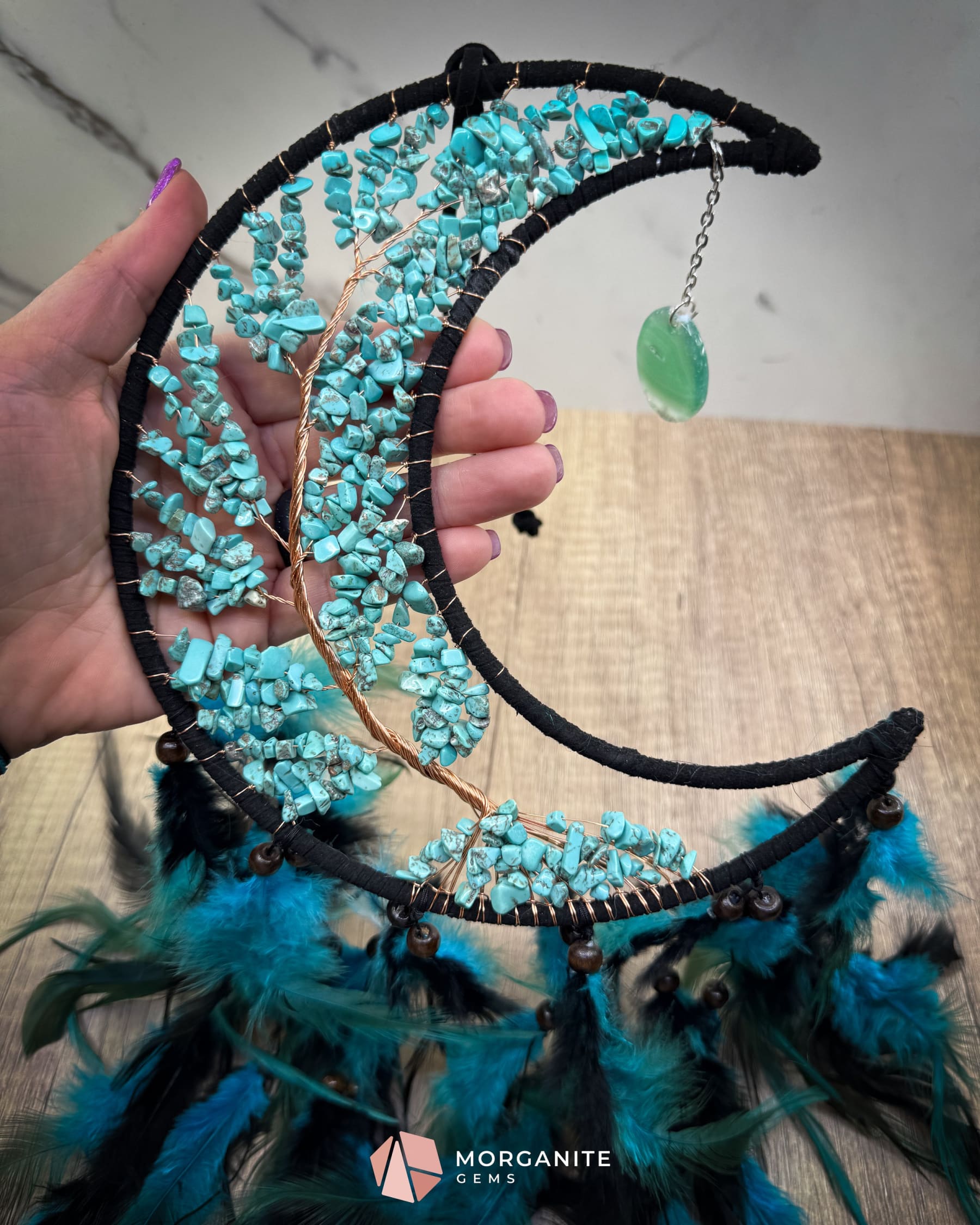 Medium Crescent Moon Dreamcatcher with Turquoise Stones & Black Feathers Home & Living