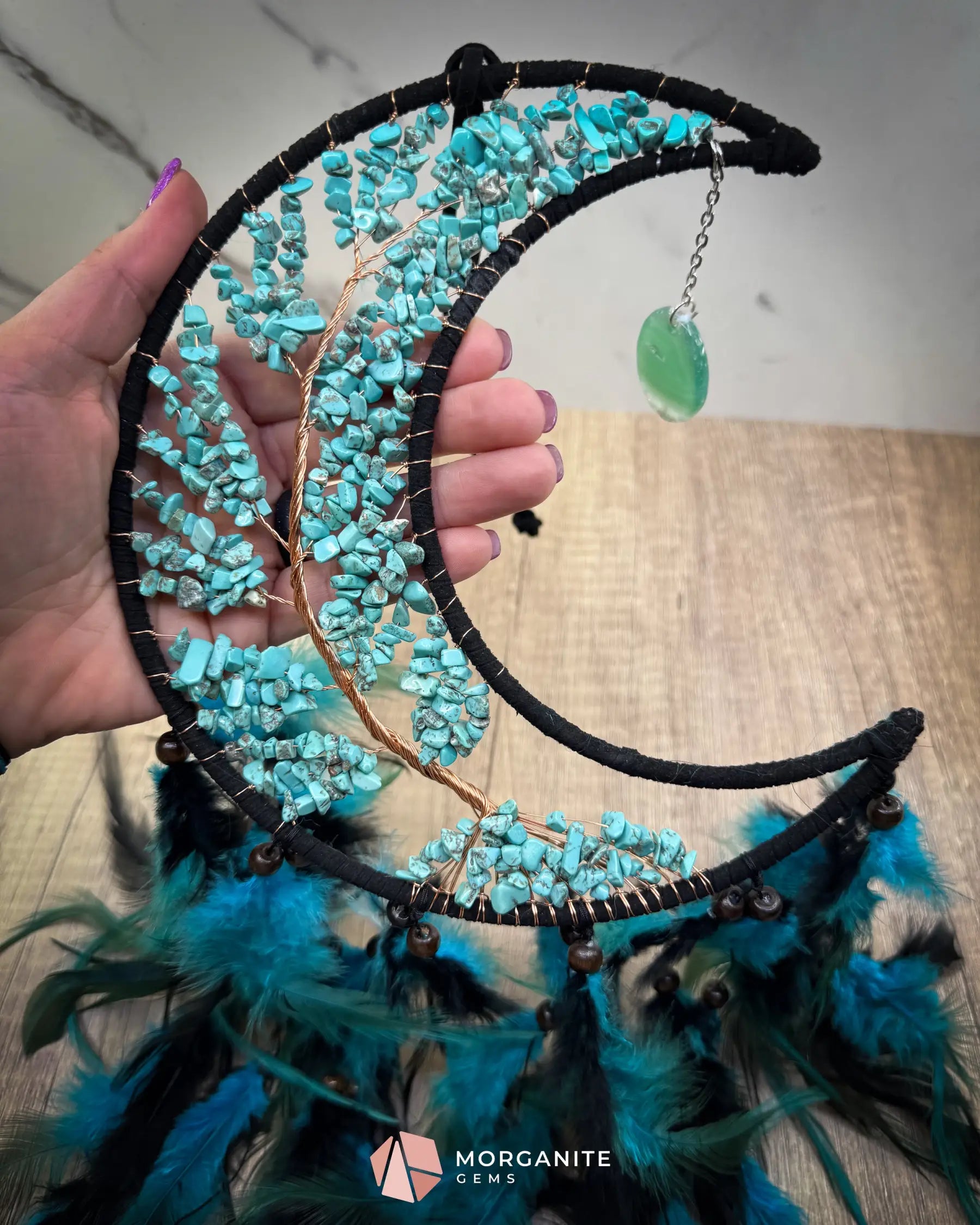 Medium Crescent Moon Dreamcatcher with Turquoise Stones & Black Feathers Home & Living