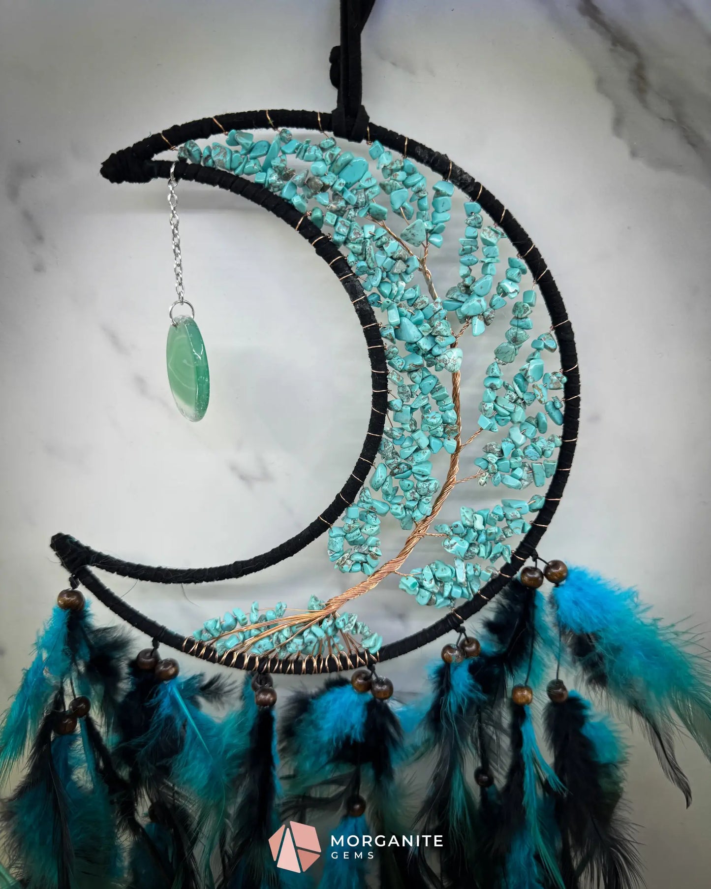 Medium Crescent Moon Dreamcatcher with Turquoise Stones & Black Feathers Home & Living