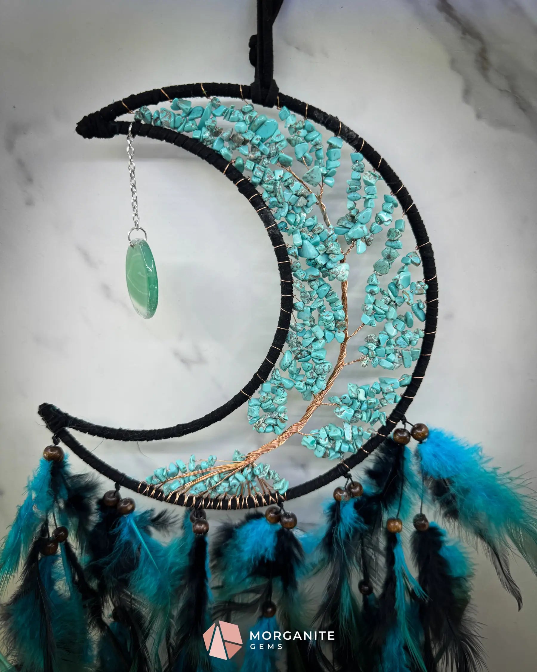 Medium Crescent Moon Dreamcatcher with Turquoise Stones & Black Feathers Home & Living