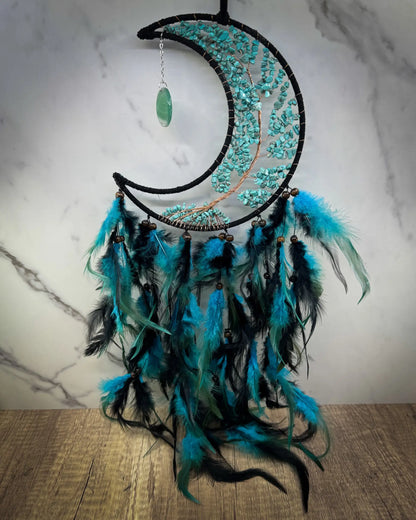 Medium Crescent Moon Dreamcatcher with Turquoise Stones & Black Feathers Home & Living