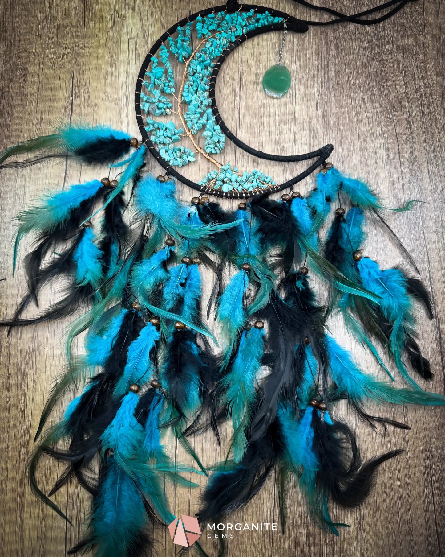 Medium Crescent Moon Dreamcatcher with Turquoise Stones & Black Feathers Home & Living