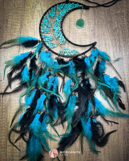 Medium Crescent Moon Dreamcatcher with Turquoise Stones & Black Feathers Home & Living
