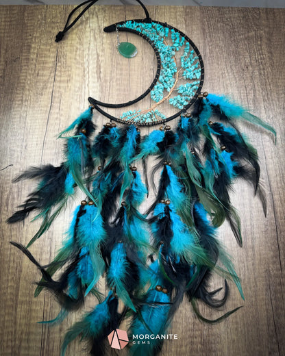 Medium Crescent Moon Dreamcatcher with Turquoise Stones & Black Feathers Home & Living