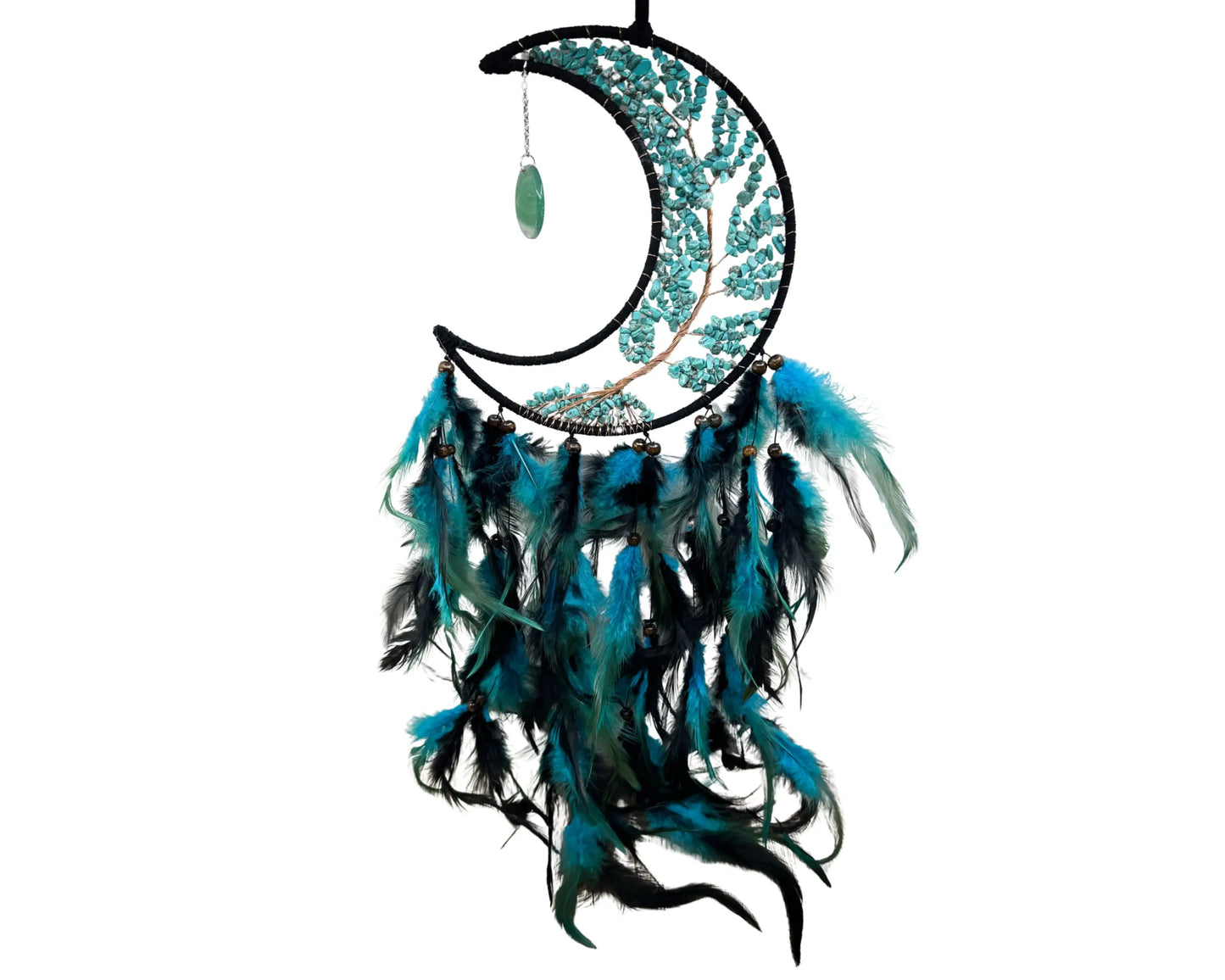 Medium Crescent Moon Dreamcatcher with Turquoise Stones & Black Feathers Home & Living