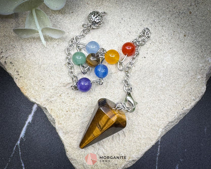 Mini Chakra Tiger’s Eye Pendulum with Chakra Chain for Balance & Energy Flow - Metaphysical Crystals