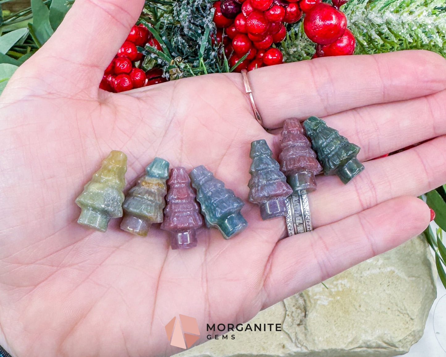 Mini Crystal Christmas Tree Carving (1 inch) - Holiday Metaphysical Decor - Choose from 7 Stones! - Moss Agate