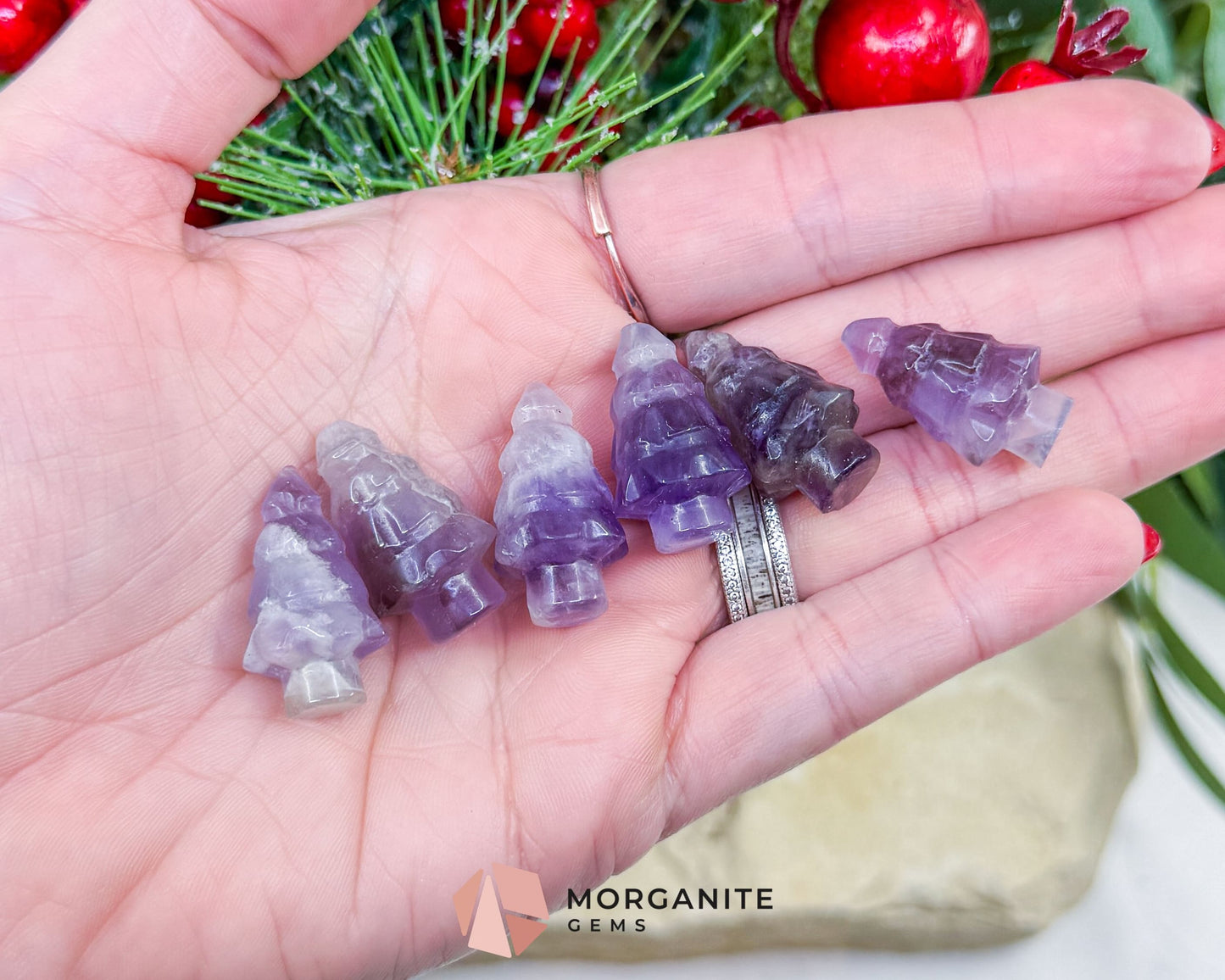 Mini Crystal Christmas Tree Carving (1 inch) - Holiday Metaphysical Decor - Choose from 7 Stones! - Chevron Amethyst
