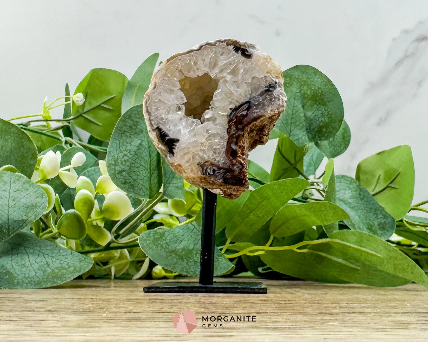 Moon Sliced Geode on Metal Stand – Polished Natural Crystal Display - Metaphysical Crystals