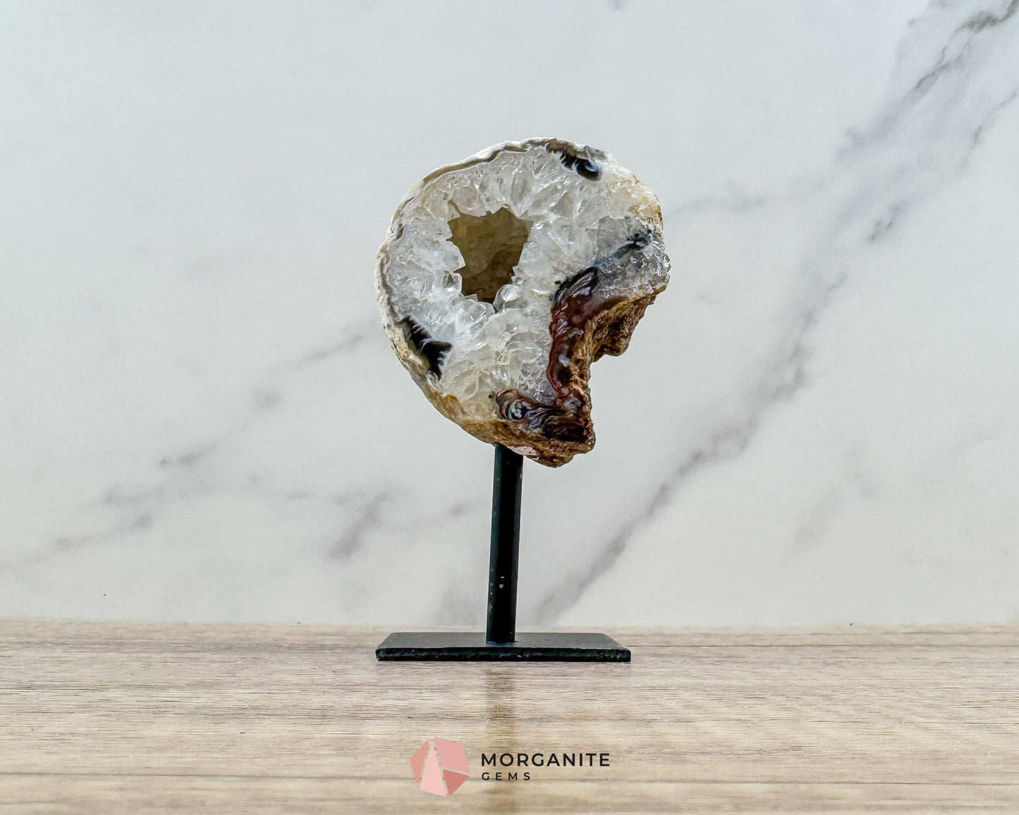 Moon Sliced Geode on Metal Stand – Polished Natural Crystal Display - Metaphysical Crystals