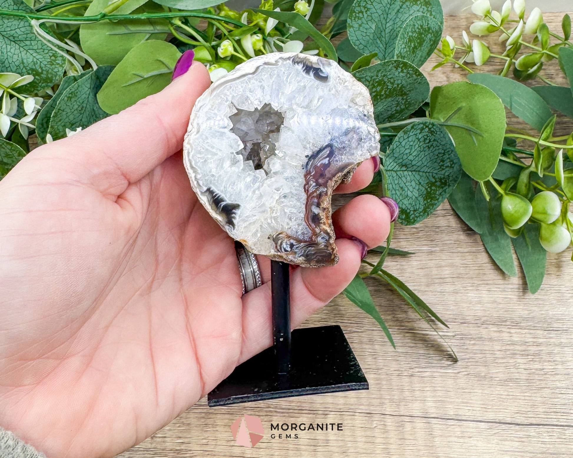 Moon Sliced Geode on Metal Stand – Polished Natural Crystal Display - Metaphysical Crystals