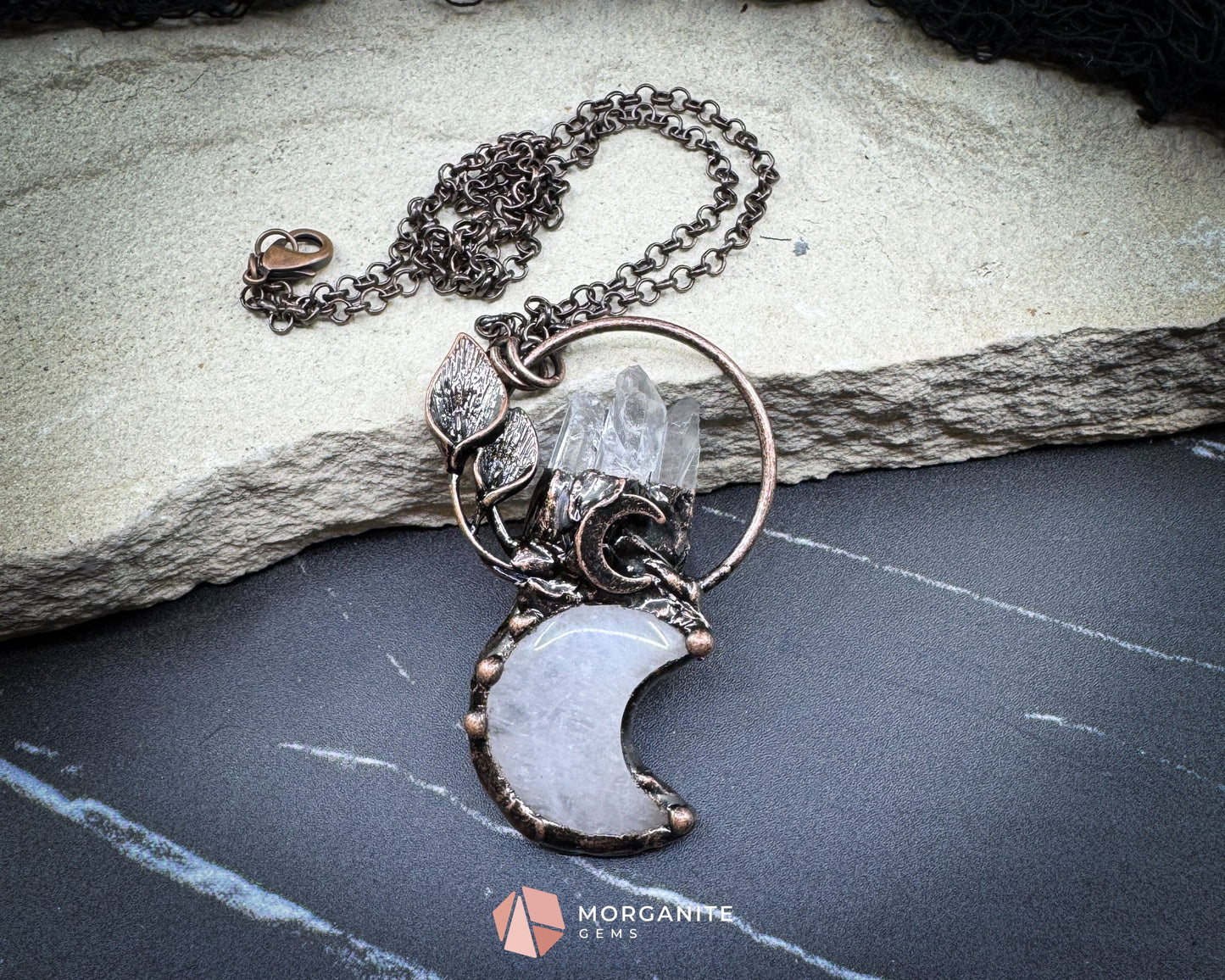 Clear Crystal Moon & Plant Pendant Necklace – Copper Gemstone Jewelry - Jewelry