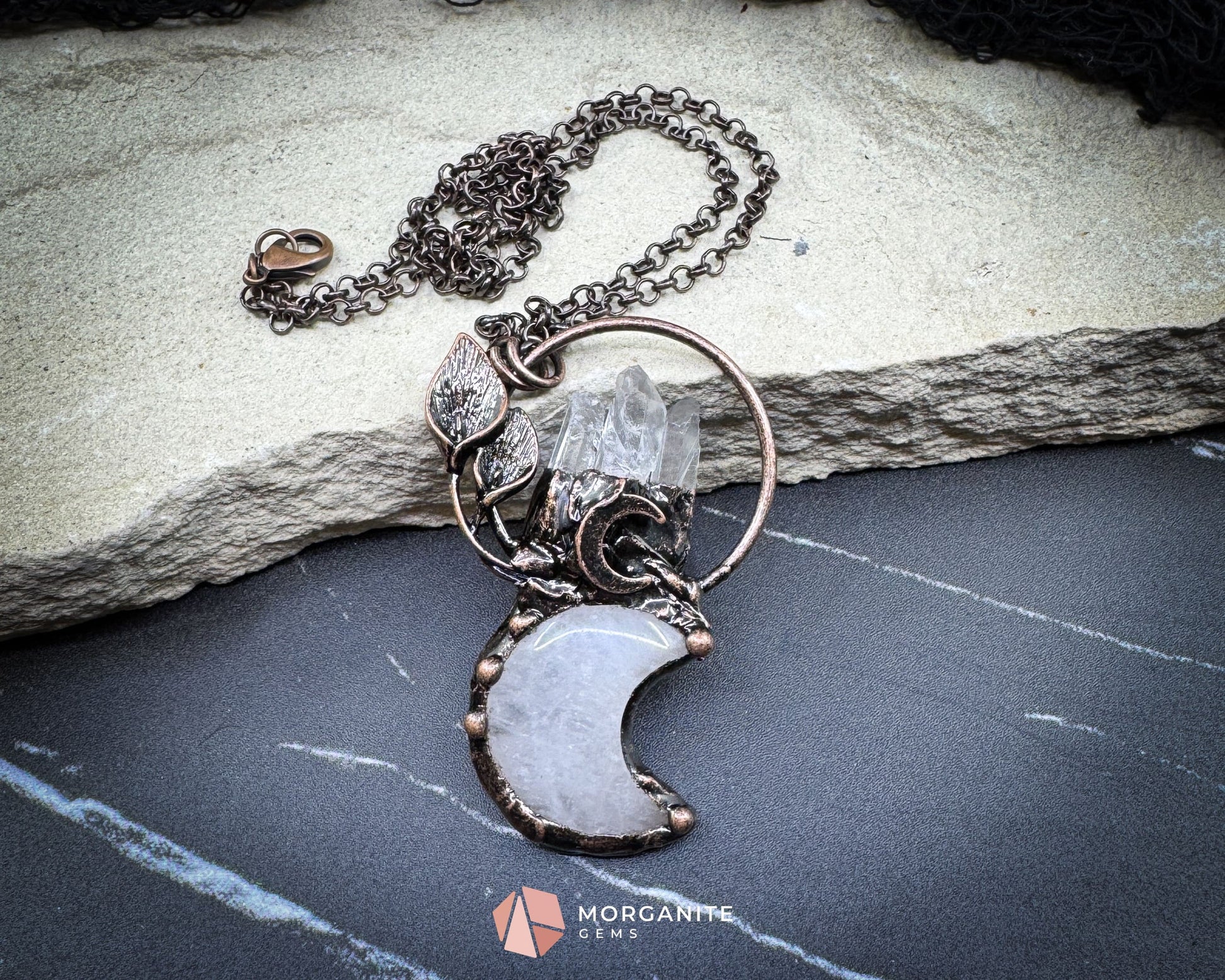 Clear Crystal Moon & Plant Pendant Necklace – Copper Gemstone Jewelry - Jewelry