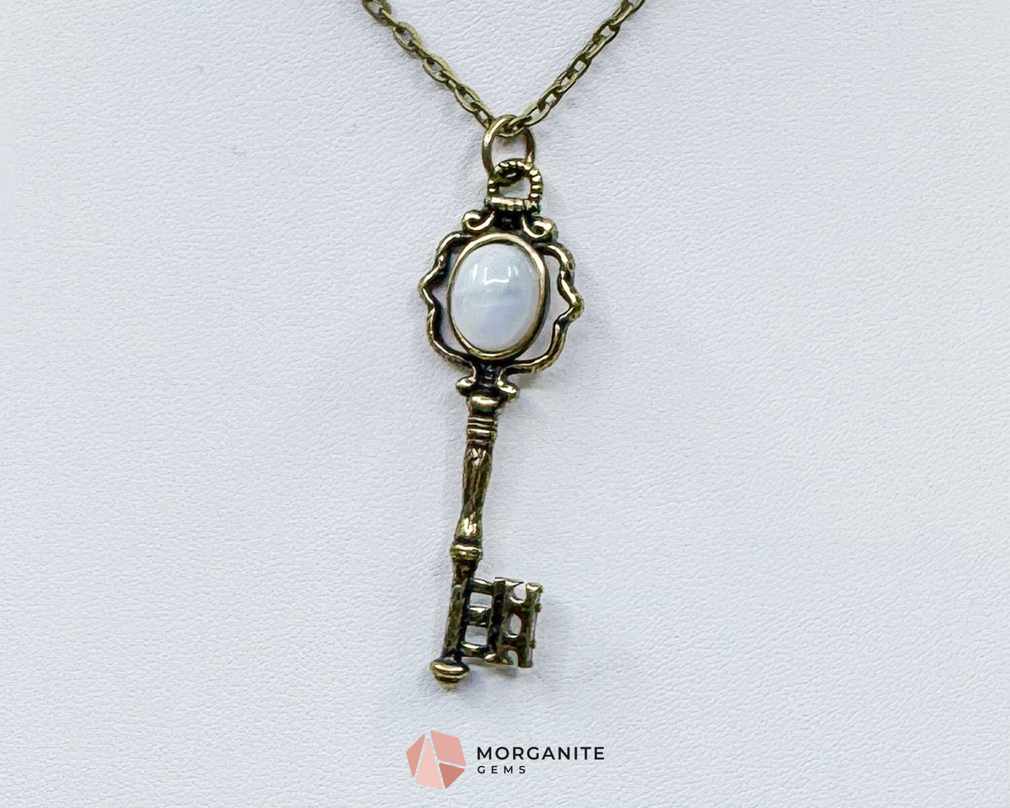 Moonstone Key Pendant Necklace on Bronze Chain – Unlock Intuition & Divine Energy - Crystal Necklaces