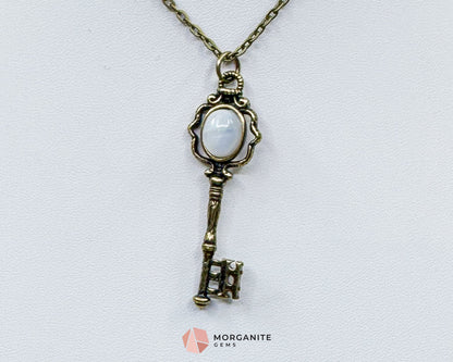 Moonstone Key Pendant Necklace on Bronze Chain – Unlock Intuition & Divine Energy - Crystal Necklaces