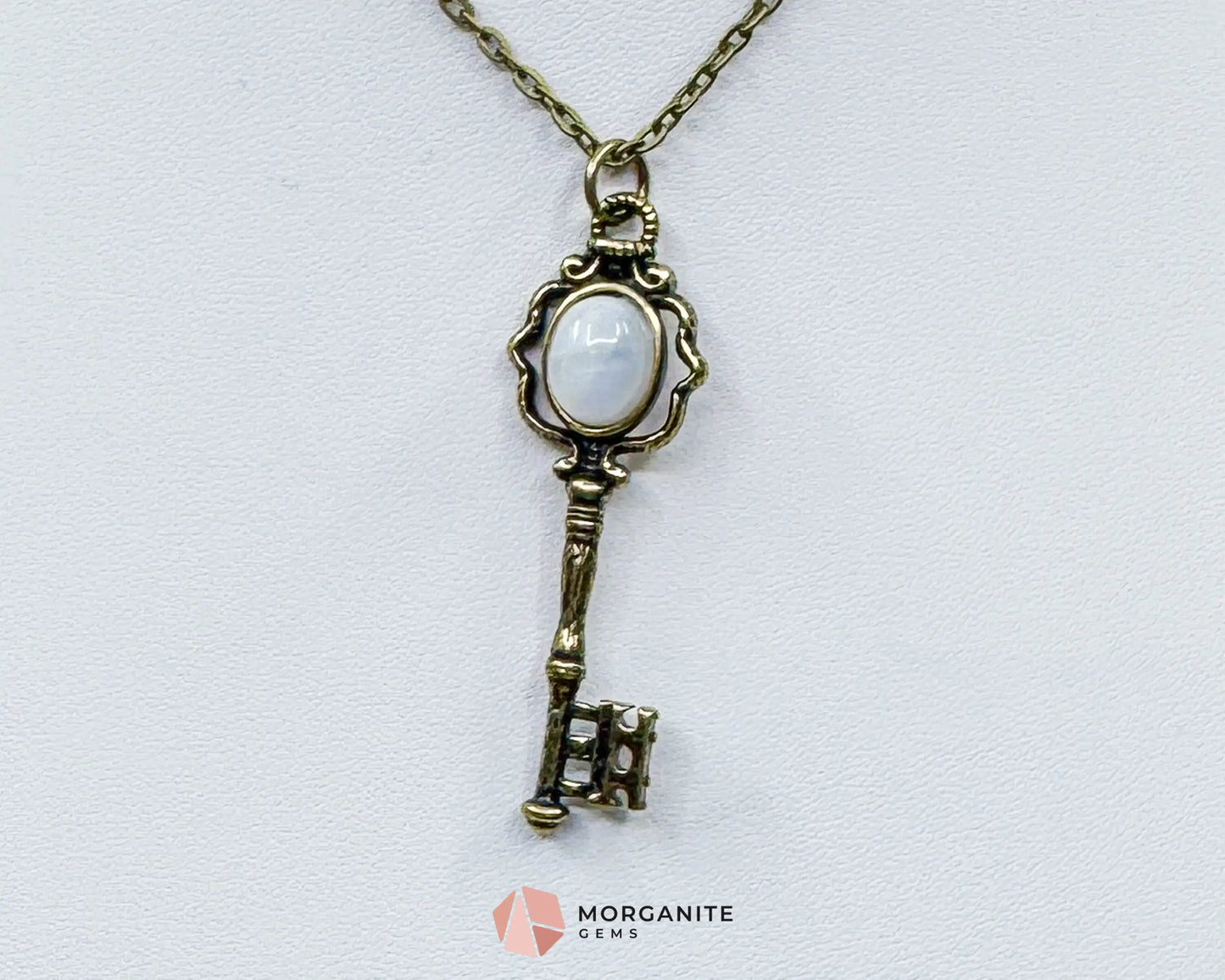 Moonstone Key Pendant Necklace on Bronze Chain – Unlock Intuition & Divine Energy - Crystal Necklaces