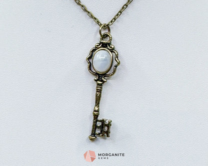 Moonstone Key Pendant Necklace on Bronze Chain – Unlock Intuition & Divine Energy - Crystal Necklaces