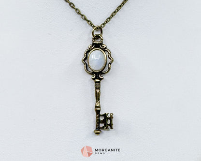 Moonstone Key Pendant Necklace on Bronze Chain – Unlock Intuition & Divine Energy - Crystal Necklaces