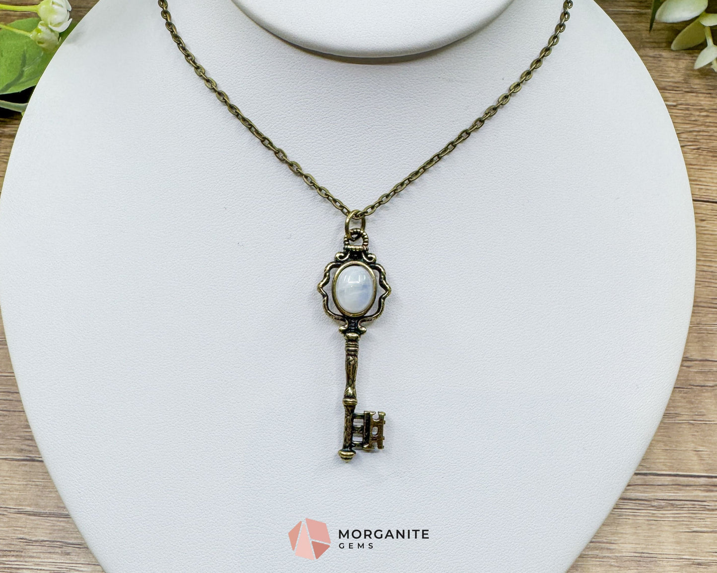 Moonstone Key Pendant Necklace on Bronze Chain – Unlock Intuition & Divine Energy - Crystal Necklaces