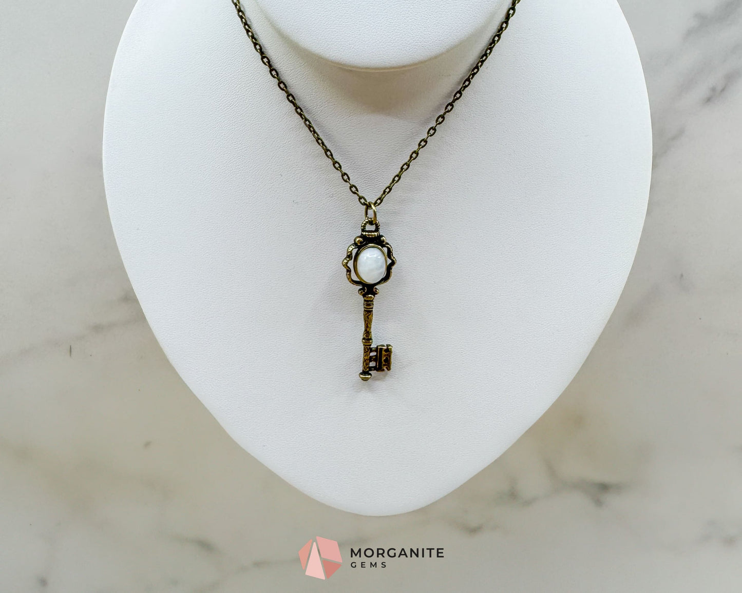 Moonstone Key Pendant Necklace on Bronze Chain – Unlock Intuition & Divine Energy - Crystal Necklaces