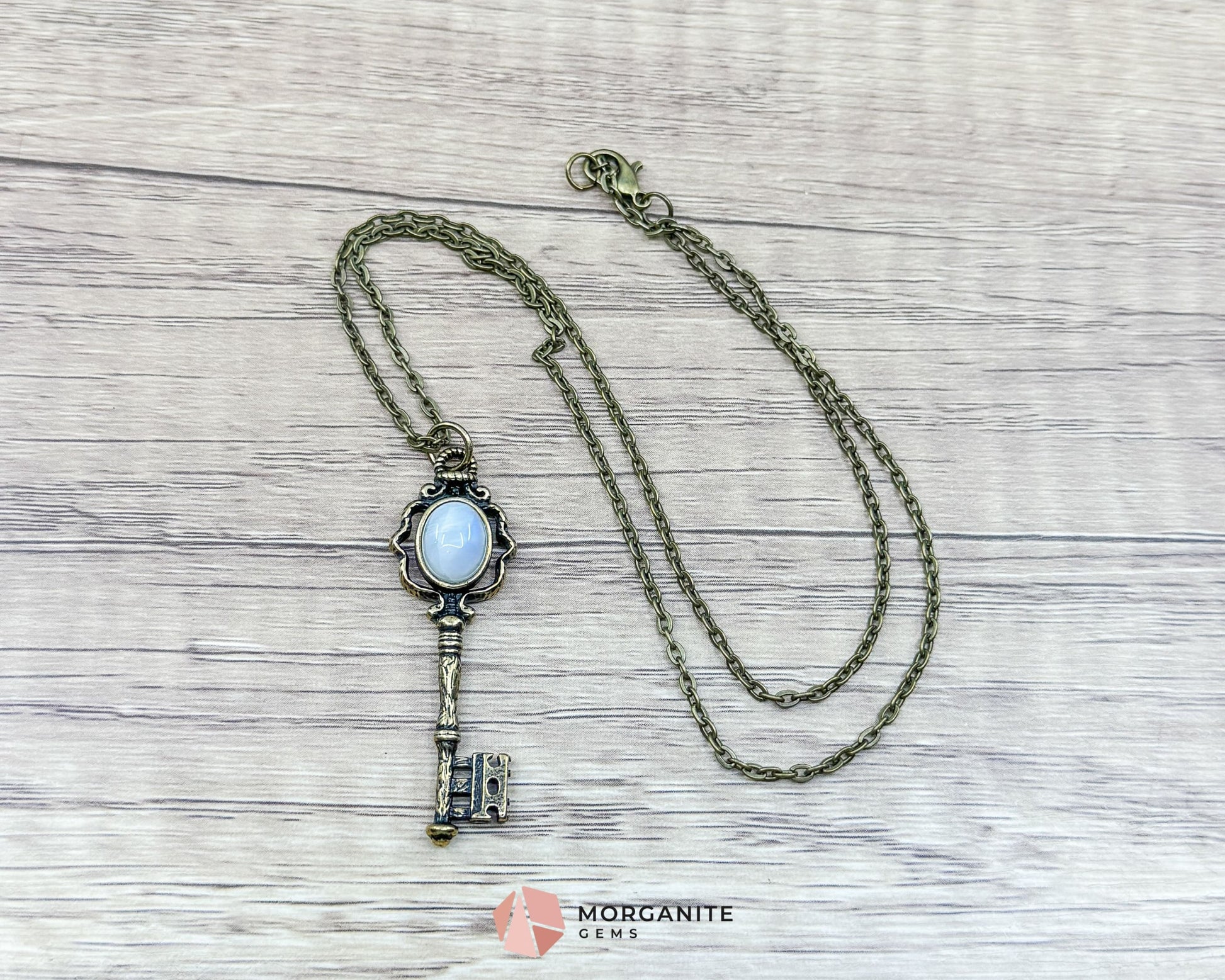 Moonstone Key Pendant Necklace on Bronze Chain – Unlock Intuition & Divine Energy - Crystal Necklaces