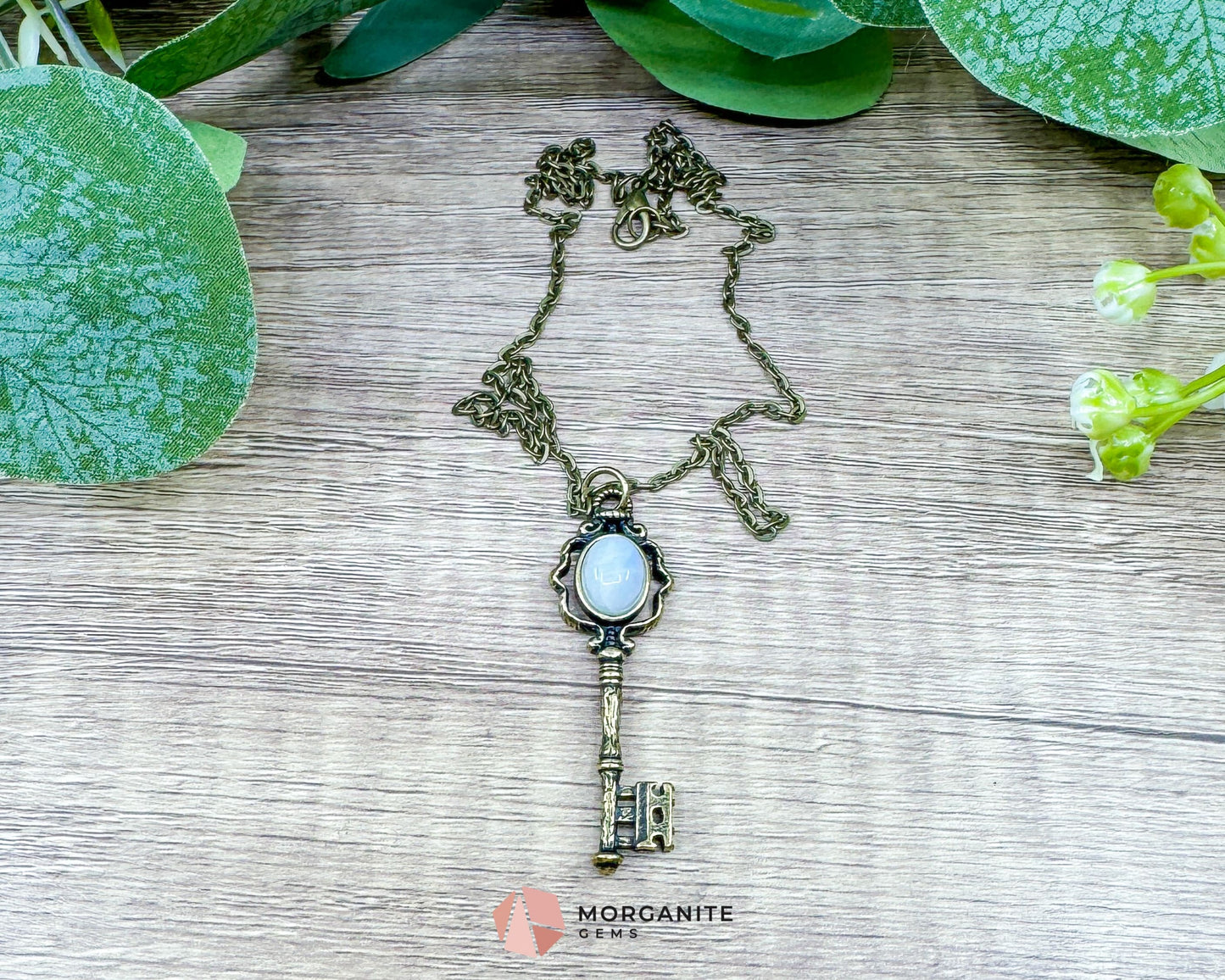 Moonstone Key Pendant Necklace on Bronze Chain – Unlock Intuition & Divine Energy - Crystal Necklaces