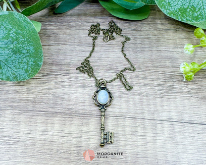 Moonstone Key Pendant Necklace on Bronze Chain – Unlock Intuition & Divine Energy - Crystal Necklaces