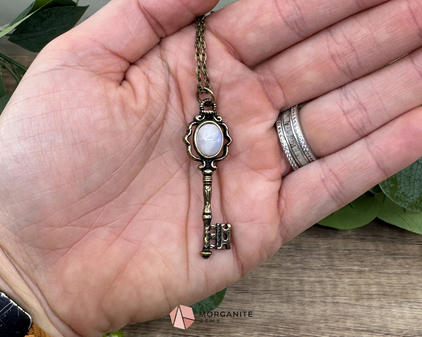 Moonstone Key Pendant Necklace on Bronze Chain – Unlock Intuition & Divine Energy - Crystal Necklaces