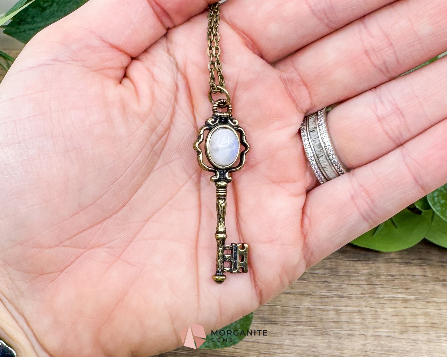 Moonstone Key Pendant Necklace on Bronze Chain – Unlock Intuition & Divine Energy - Crystal Necklaces