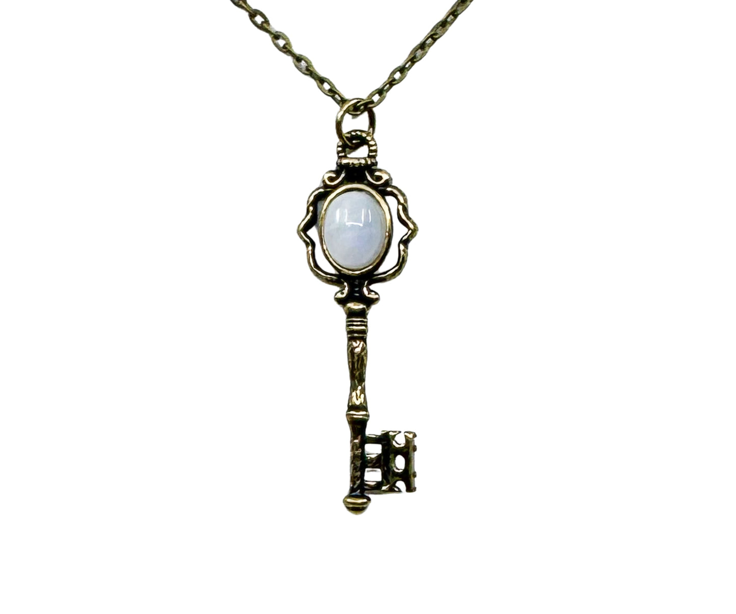 Moonstone Key Pendant Necklace on Bronze Chain – Unlock Intuition & Divine Energy - Crystal Necklaces