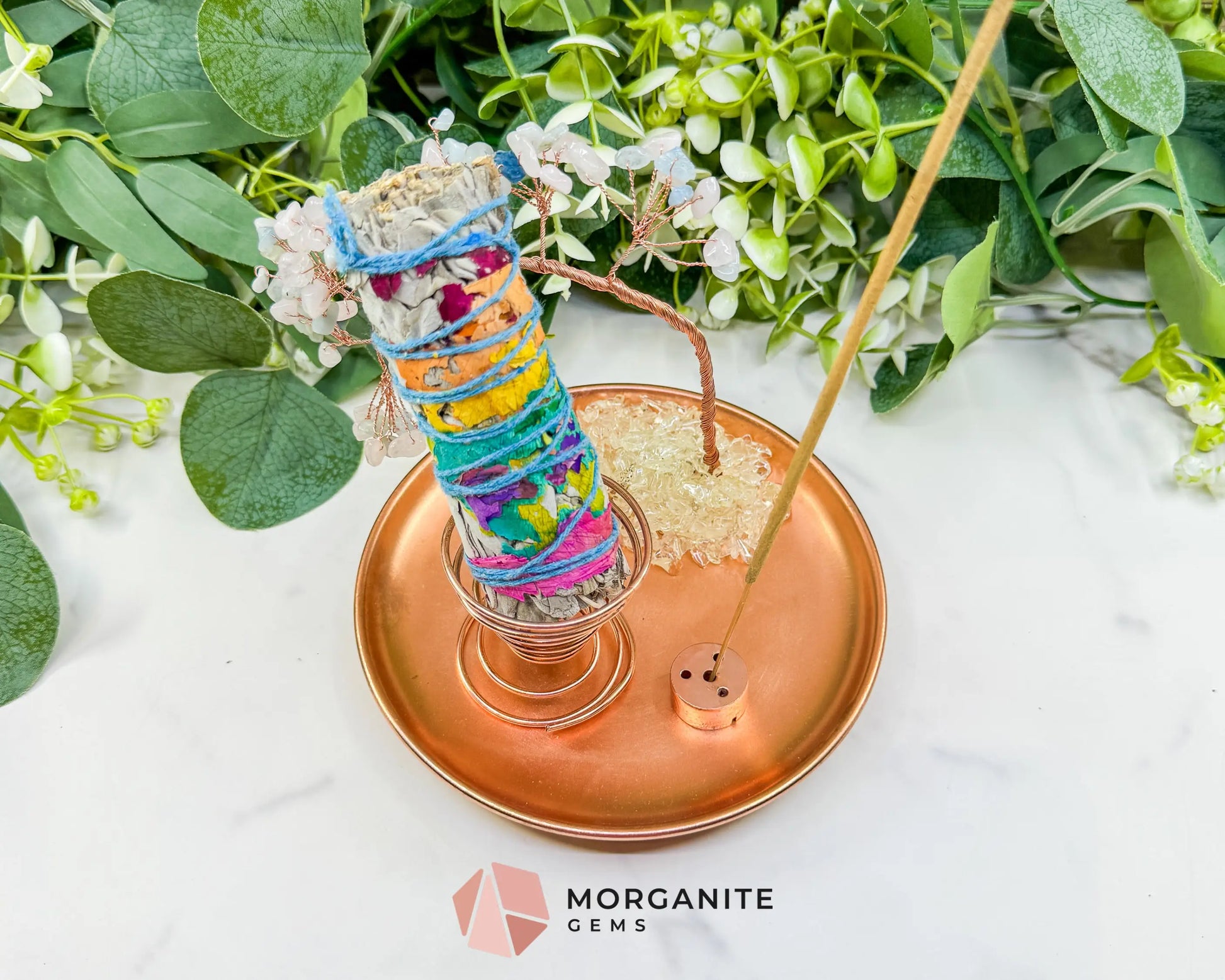 Morganite Gemstone Tree Incense Holder – Rose Gold Smudge Stick Station for Heart Healing & Compassion - Incense