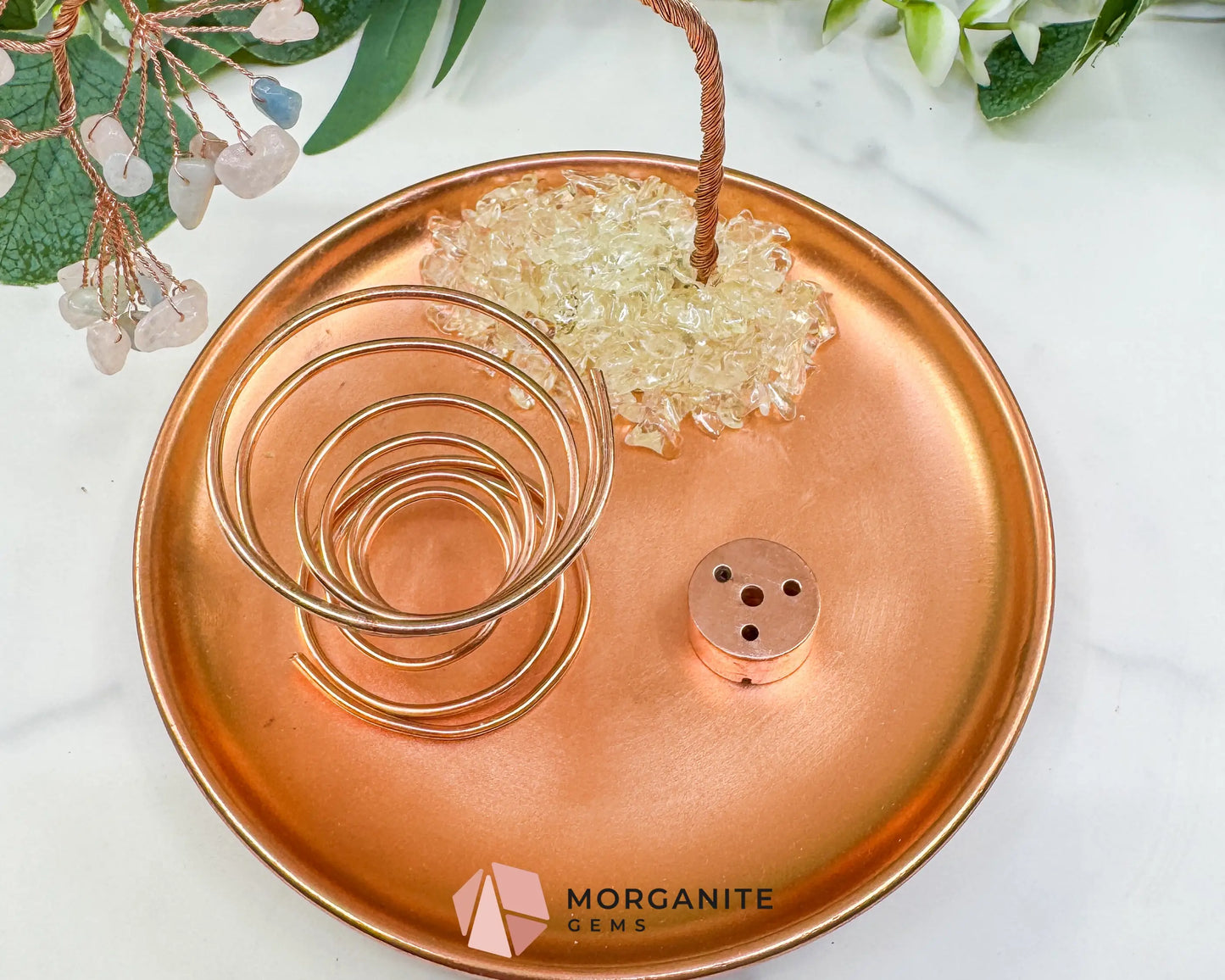 Morganite Gemstone Tree Incense Holder – Rose Gold Smudge Stick Station for Heart Healing & Compassion - Incense