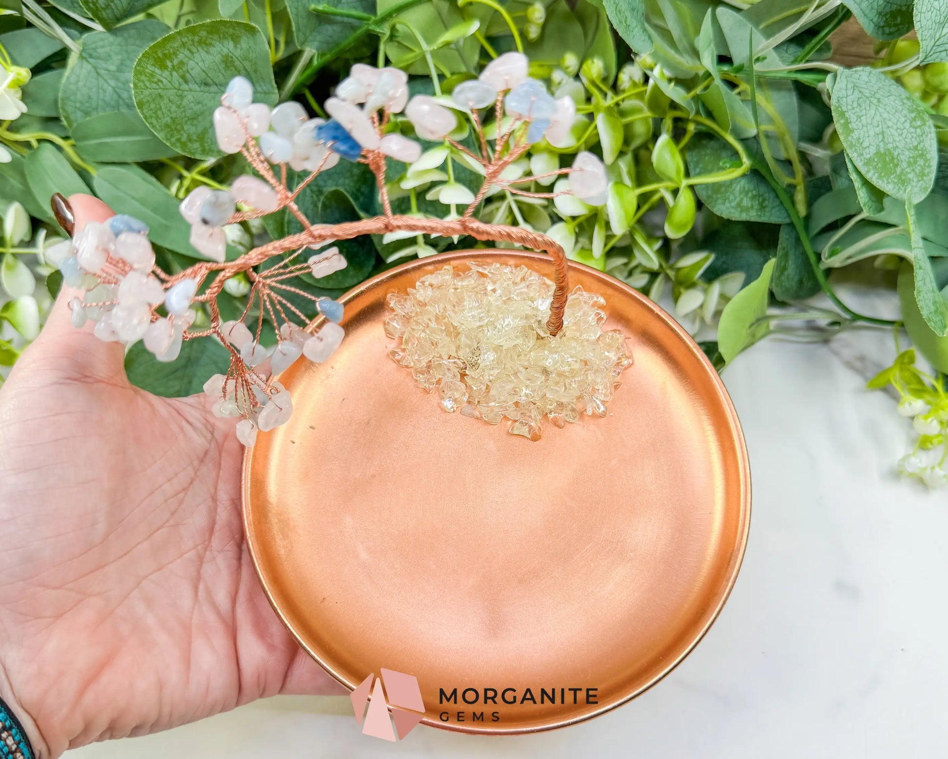 Morganite Gemstone Tree Incense Holder – Rose Gold Smudge Stick Station for Heart Healing & Compassion - Incense