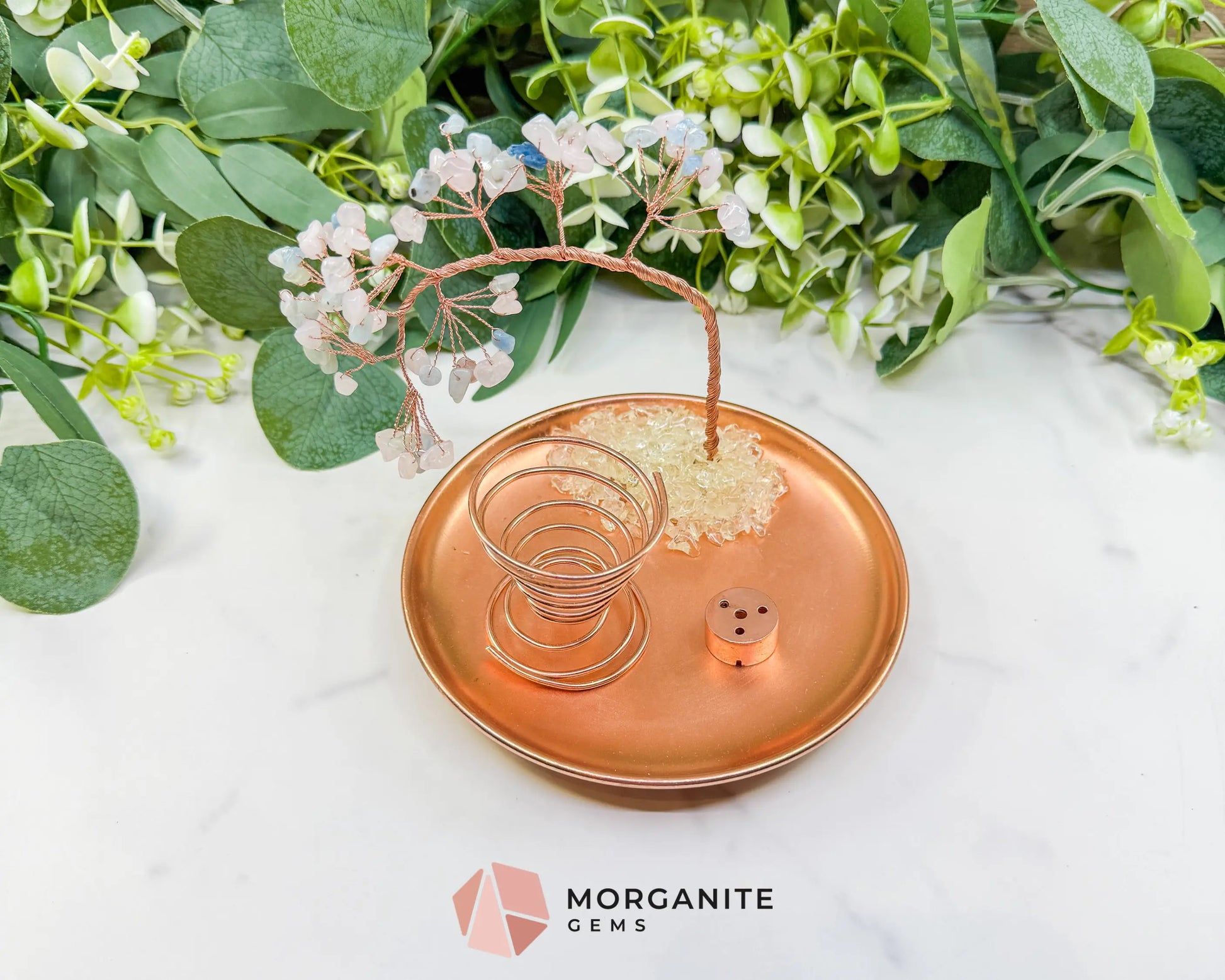 Morganite Gemstone Tree Incense Holder – Rose Gold Smudge Stick Station for Heart Healing & Compassion - Incense