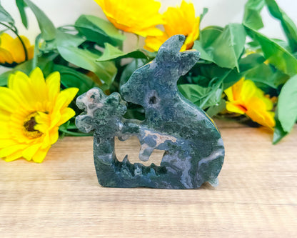 Moss Agate Rabbit Kissing Flower Carving – Perfect for Ostara and Easter Decor-Morganite Gems