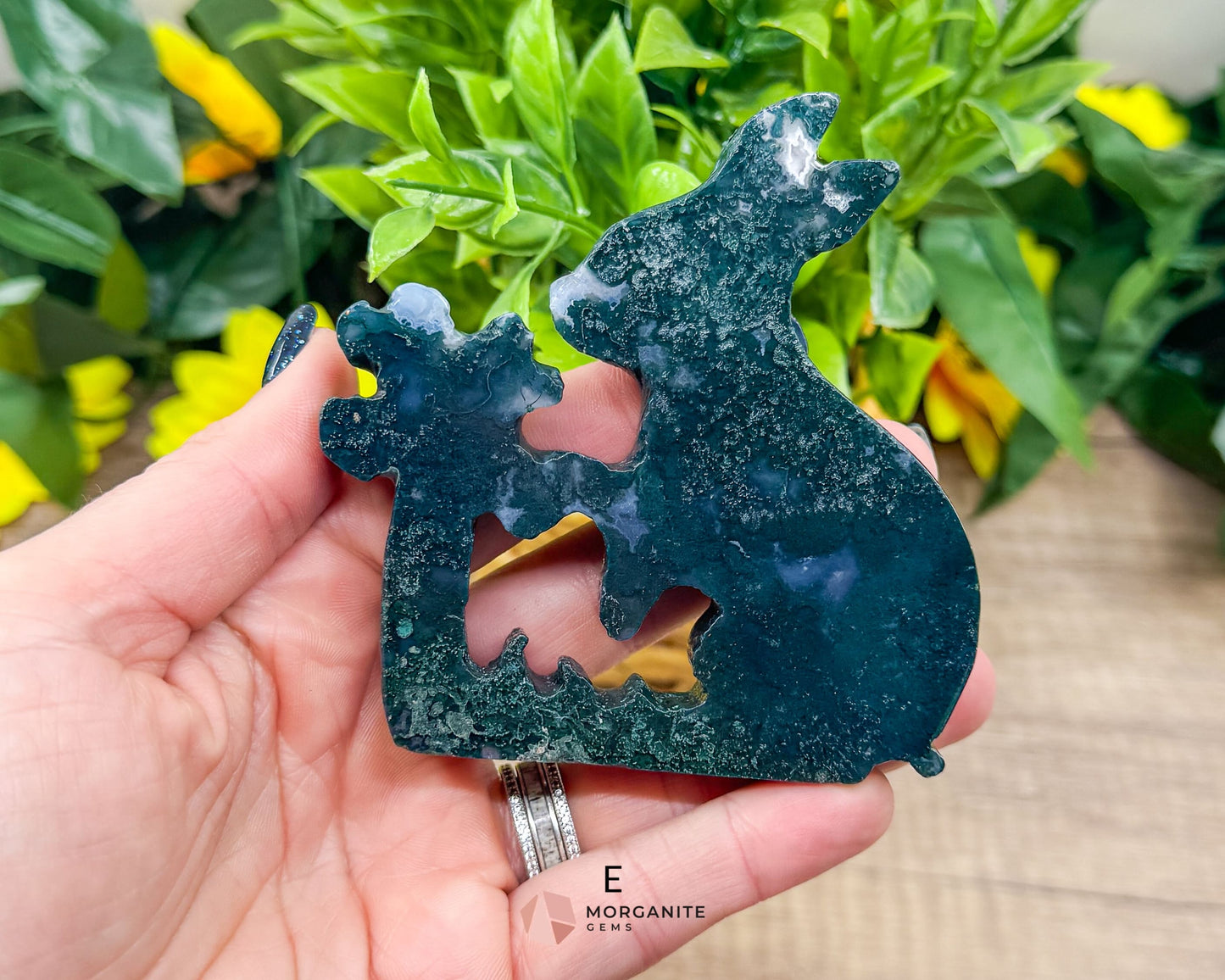 Moss Agate Rabbit Kissing Flower Carving – Perfect for Ostara and Easter Decor-Morganite Gems