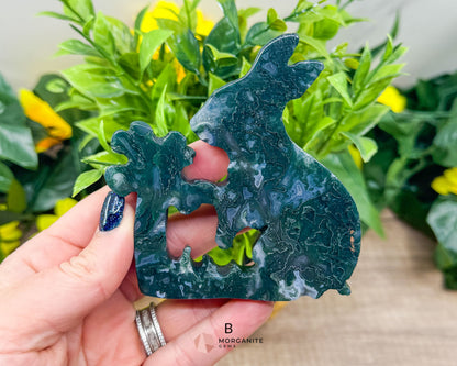 Moss Agate Rabbit Kissing Flower Carving – Perfect for Ostara and Easter Decor-Morganite Gems