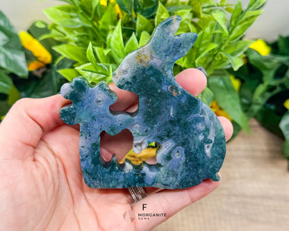 Moss Agate Rabbit Kissing Flower Carving – Perfect for Ostara and Easter Decor-Morganite Gems