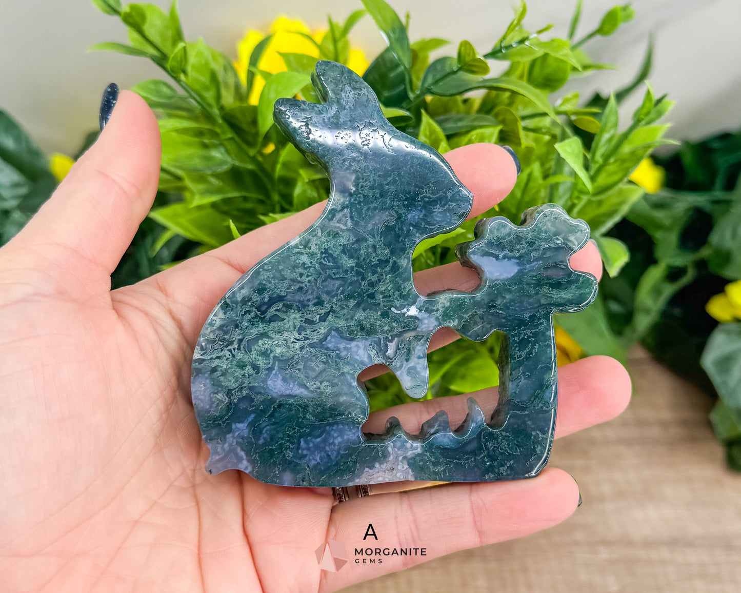 Moss Agate Rabbit Kissing Flower Carving – Perfect for Ostara and Easter Decor-Morganite Gems